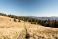 Hala Rycerzowa mountain meadow with chalet, hills on the background, colorful trees and clear sky in autumn Beskid Zywiecki mounta