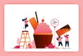 Halal food menu illustration of sweet strawberry cupcake. Muffin with snack waffle, chocolate stick and wafer. Design can use For