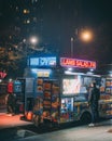Halal food truck at night, in Manhattan, New York City