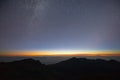 Haleakala volcano night sky with Milky Way and sunrise above the clouds Royalty Free Stock Photo