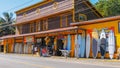 HALEIWA, UNITED STATES OF AMERICA - JANUARY 12 2015: wide shot of a historic surf store at haleiwa on hawaii