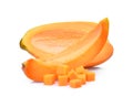 Half adn slice of fresh papaya with cubes isolated on white Royalty Free Stock Photo