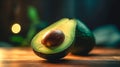 Half of an avocado close-up on a blurred background, generative AI.