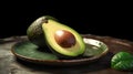 Half of an avocado close-up on a blurred background, generative AI.