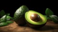 Half of an avocado close-up on a blurred background, generative AI.