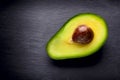 Half of avocado on dark background. Healthy fat, omega 3. Avoc