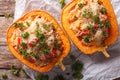 Half baked pumpkin with couscous, meat, vegetables and cheese Royalty Free Stock Photo