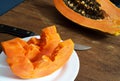 Half of a beautiful papaya and three slices on a white plate