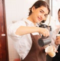 Half-body of beautiful caucasian barista women happy to prepare takeaway hot coffee cup in cafe coffee shop Royalty Free Stock Photo