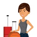 Half body cartoon short hair woman with pair travel briefcases