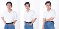 Half body Figure snap of 20s Asian Tanned skin man black hair shirt, jeans, . Handsome