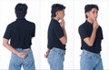 Half body Figure snap of 20s Asian Tanned skin man black hair shirt, jeans, . Handsome