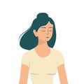 Half body portrait of a beautiful young Asian woman girl in a T-shirt with closed eyes meditating. Design element Royalty Free Stock Photo
