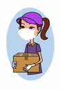 Half body woman worker cargo and carring the box for service, taking face mask for healthy