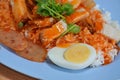 Half boiled egg with barbecue pork on rice