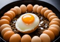 Half boiled egg surrounded by raw eggs Royalty Free Stock Photo