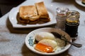 Half boiled eggs, toast bread, popular Chinese style breakfast in Malaysia
