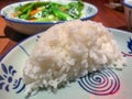 Half bowl reduced plain white rice in an oriental plate
