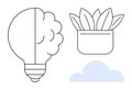 Half Brain Lightbulb with Plant Pot and Minimal Blue Cloud for Creativity and Sustainability Royalty Free Stock Photo