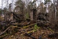 A half-burned destroyed wooden building in an autumn wet forest Royalty Free Stock Photo