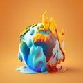 Half burning half melting globe on orange background created using generative ai technology