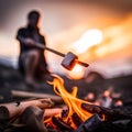 Half-Burnt Marshmallow on a Stick Over a Campfire Flame With a Person in the Background