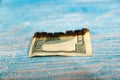 Half-burnt one hundred dollar bill on a blue tree Royalty Free Stock Photo