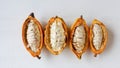 Half cacao pods with cocoa fruit on white wooden table Royalty Free Stock Photo