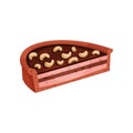 Half of chocolate pie with nuts. Tasty and sweet dessert for coffee break. Confectionery product. Flat vector element