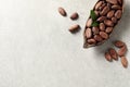 Half of cocoa pod with beans on light table. Space for text Royalty Free Stock Photo