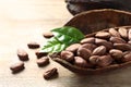 Half of cocoa pod with beans on table, closeup Royalty Free Stock Photo