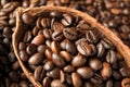 Half of cocoa pod with roasted coffee beans, closeup Royalty Free Stock Photo