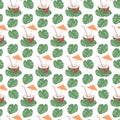 Half coconut and cocktail straw and umbrella inside with monstera leaves. Summer seamless pattern Royalty Free Stock Photo