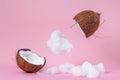 Half coconut with cotton cloud effect on pastel pink background. Royalty Free Stock Photo