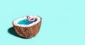 Half of coconut filled with water and pink flamingo inflatable belt. Summer vacation concept background