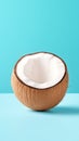 Half coconut with fresh white meat on a blue background, vertical composition Royalty Free Stock Photo