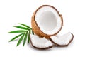 Half of coconut with leaves isolated on white background Royalty Free Stock Photo