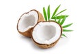 Half of coconut with leaves isolated on white background Royalty Free Stock Photo