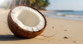 Half Coconut on Sandy Beach Shore Royalty Free Stock Photo