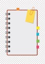 Half a color open notepad on the spring with clean sheets and bookmarks between the pages. A simple flat vector illustration