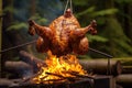 half-cooked chicken on a spit, rotating above a roaring campfire