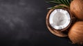 Half Cooked Coconut Pieces And Natural Coconut Oil On Black Background