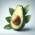 Half cut avocado with bone adorned with water drops white background, womans health. ai generative