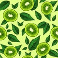 Half cut kiwies and green plant illustration. Seamless pattern of tropical fruits and lemon leaves. Sweet and sour food