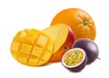 Half cut mango, orange and passion fruit isolated