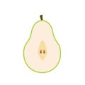 Half cut of Pear. Sliced green fruit. Sweet pieces of dessert. Natural vegan ingredients. Flat Cartoon Illustration. Sweet pear