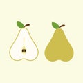 Half cut of Pear. Sliced green fruit. Sweet pieces of dessert. Natural vegan ingredients. Flat Cartoon Illustration. Sweet pear