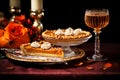 Half cut pumpkin pie revealing a rich golden spiced filling is elegantly served on a rustic wooden table Royalty Free Stock Photo