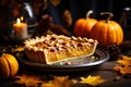 Half cut pumpkin pie revealing a rich golden spiced filling is elegantly served on a rustic wooden table Royalty Free Stock Photo