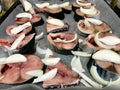 Half Cut Raw Bonito Fish Fillet Slices with Onion in Oven Tray Ready to Bake.